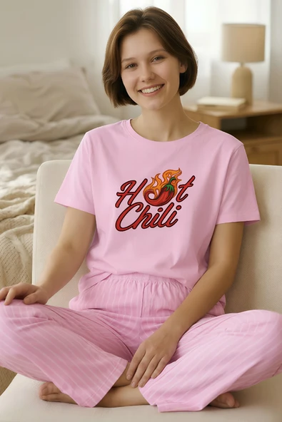 %100 Pamuk Uzun Alt Kısa Kol Pijama Takım ürün görseli 1