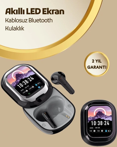 Akıllı Ekranlı Bluetooth 5.4 Kablosuz Kulaklık – Dokunmatik ve Şarj Kutulu ürün görseli 1
