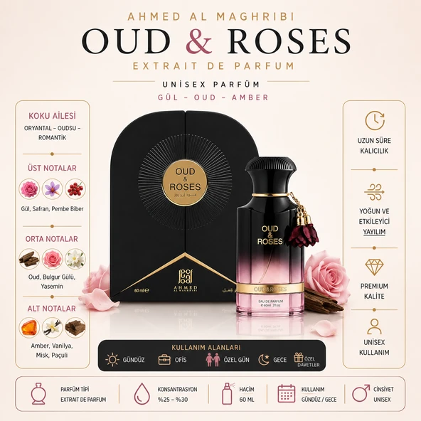 Ahmed Al Maghribi Oud & Roses Extrait De Parfum 60 ML Unisex Parfüm ürün görseli 1