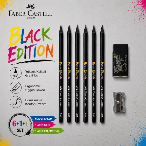 Faber-Castell Black Edition Kurşun Kalem 6 Adet+Black Edition Silgi+Tek Bıçaklı Kalemtraş Set ürün görseli 1