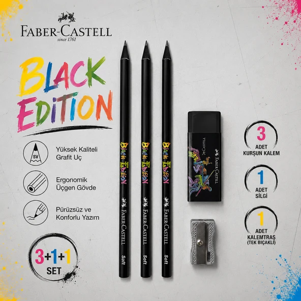 Faber-Castell Black Edition Kurşun Kalem 3 Adet+Black Edition Silgi+Tek Bıçaklı Kalemtraş Set ürün görseli 1