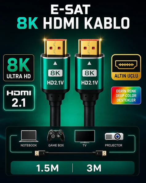 E-SAT 8K ULTRA HD 2,1 V ALTIN UÇLU PREMİUM SERİ HDMI KABLO ürün görseli 1