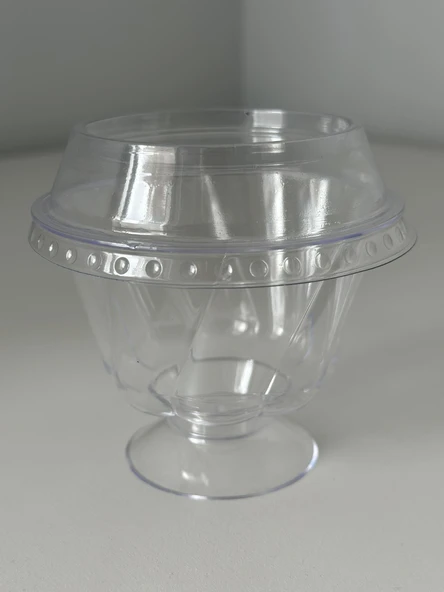 Papatya Ayaklı Kristal Tatlı Kasesi - Mika Plastik Kap - Şeffaf - Kapaklı - 180 ML/CC - 100 Adet ürün görseli 1