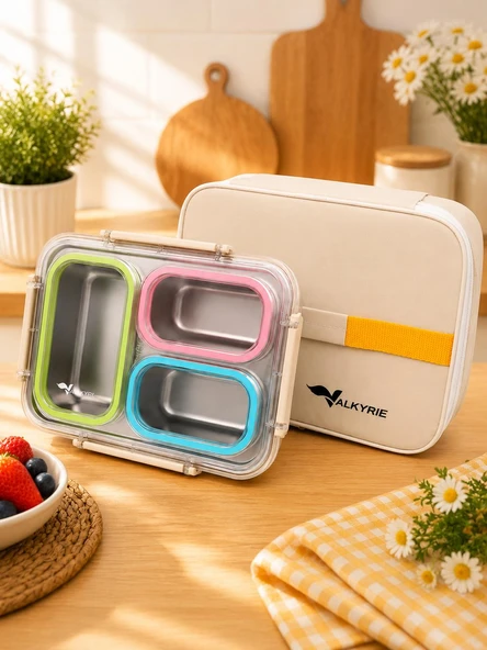 Valkyrie 3 Gözlü Paslanmaz Çelik Lunch Box Termal Taşıma Çantalı, Sızdırmaz Contalı 304 Çelik Bölmeli Yemek Kabı ürün görseli 1