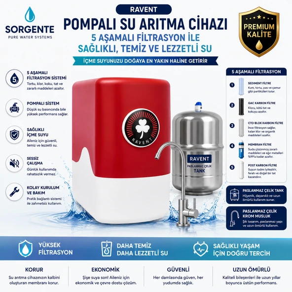 Sorgente Ravent 5 Aşamalı Pompalı Su Arıtma Cihazı - Paslanmaz Çelik Tanklı - Paslanmaz Çelik Krom Musluklu ürün görseli 1
