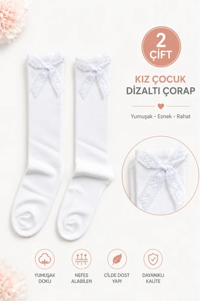2 Çift Burun Dikişsiz Kız Çocuk Kurdeleli Dizaltı Çorap ürün görseli 1