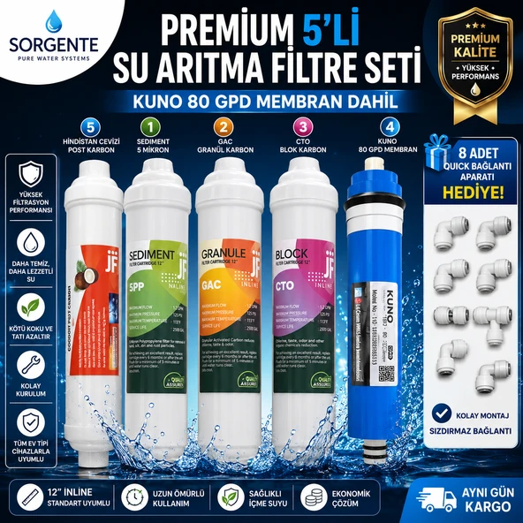 Sorgente KUNO 80 GPD Membranlı 5'li Su Arıtma Filtre Seti 12'' Inline Quick Fittings Dahil ürün görseli 1