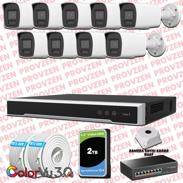 Provzen Hikvision 9 Kameralı 4MP IP ColorVu 3.0 Güvenlik Sistemi AI İnsan Araç Algılama Mikrofon ve Işıklı Alarm ürün görseli 1