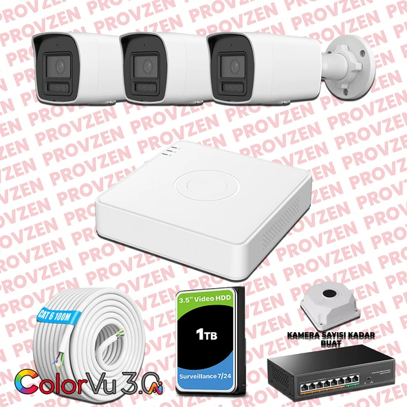 Provzen Hikvision 3 Kameralı 4MP IP ColorVu 3.0 Güvenlik Sistemi AI İnsan Araç Algılama Mikrofon ve Işıklı Alarm ürün görseli 1