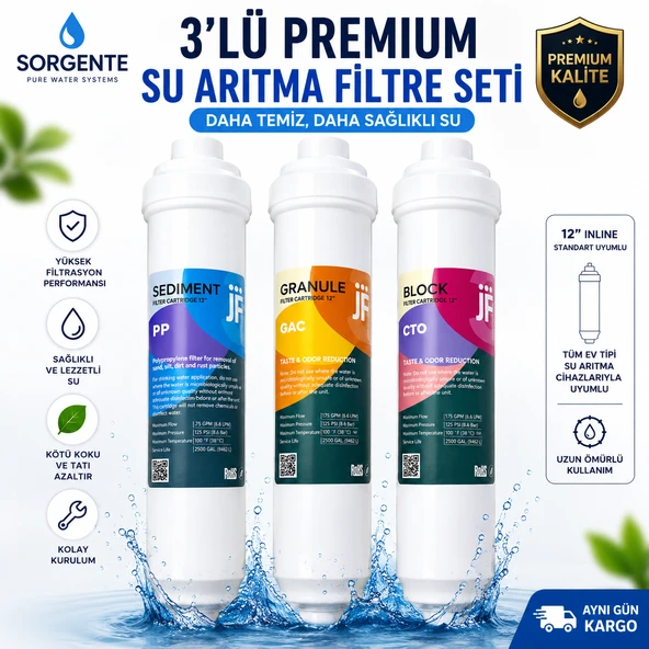 Sorgente 3'lü Su Arıtma Filtre Seti 12'' Inline Sediment GAC CTO Tüm Ev Tipi Cihazlarla Uyumlu ürün görseli 1