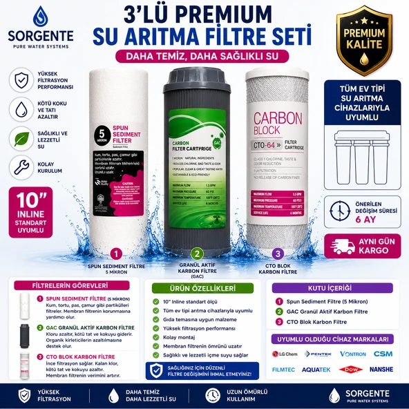Sorgente Premium 3'lü 10" Housing Su Arıtma Filtre Seti Sediment GAC CTO Tüm Ev Tipi Cihazlarla Uyumlu ürün görseli 1