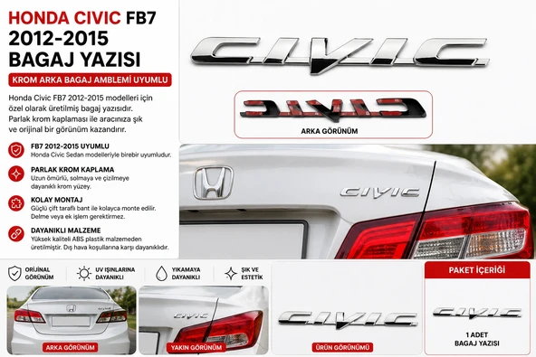 Honda Civic FB7 2012-2015 Bagaj Yazısı Krom Arka Bagaj Amblemi Uyumlu ürün görseli 1