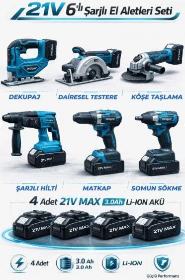 Drillpro PRO XL 4 Akülü 2 Şarjlı Kömürsüz VPower Profesyonel 6 Makine Kombo 6 LI Set ürün görseli 1