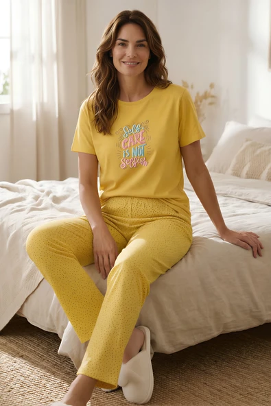 %100 Pamuk Uzun Alt Kısa Kol Pijama Takımı ürün görseli 1