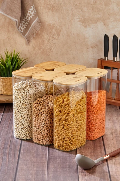 Cooker 6'lı 3 Litre Borosilikat Cam Bambu Kapaklı Kavanoz CKR4551 ürün görseli 1