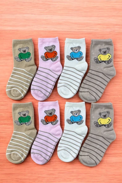 8 Çift Burun Dikişsiz Teddy Bear Desenli Kız Çocuk Soket ürün görseli 1