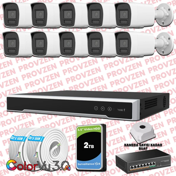 Provzen Hikvision 10 Kameralı 4MP IP ColorVu 3.0 Güvenlik Sistemi AI İnsan Araç Algılama Mikrofon ve Işıklı Alarm ürün görseli 1