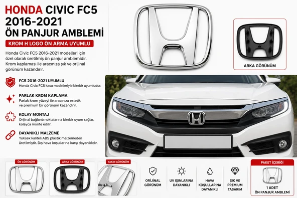 Honda Civic FC5 2016-2021 Ön Panjur Amblemi Krom H Logo Ön Arma Uyumlu ürün görseli 1
