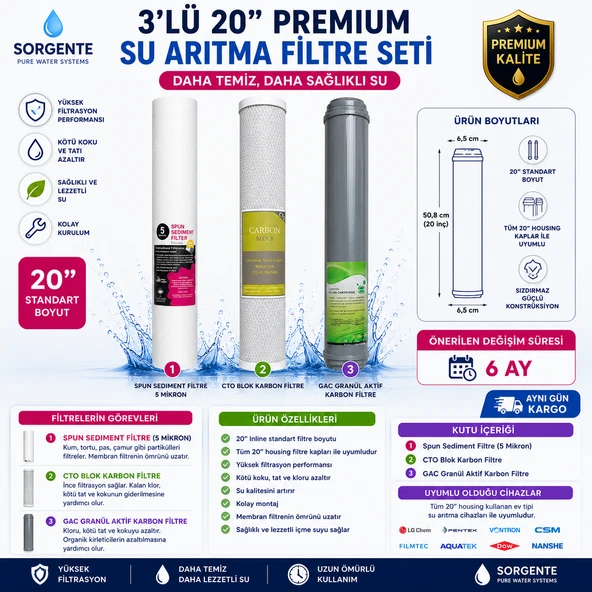 Sorgente 3'lü 20" Housing Su Arıtma Filtre Seti 5 Mikron Sediment + GAC Granül Aktif Karbon + CTO Blok Karbon ürün görseli 1