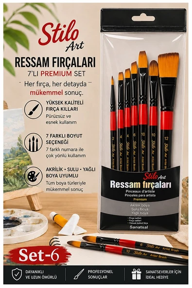 Profesyonel Resim Fırça Seti 7 li Zemin Yuvarlak ve Kesik Uçlu 1 Paket Stilo Set 6 Sentetik Kaliteli Ressam Fırça Seti ürün görseli 1