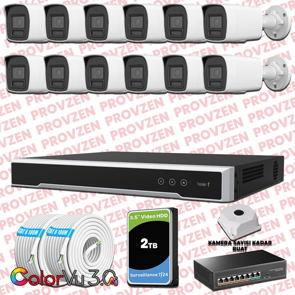 Provzen Hikvision 12 Kameralı 4MP IP ColorVu 3.0 Güvenlik Sistemi AI İnsan Araç Algılama Mikrofon ve Işıklı Alarm ürün görseli 1
