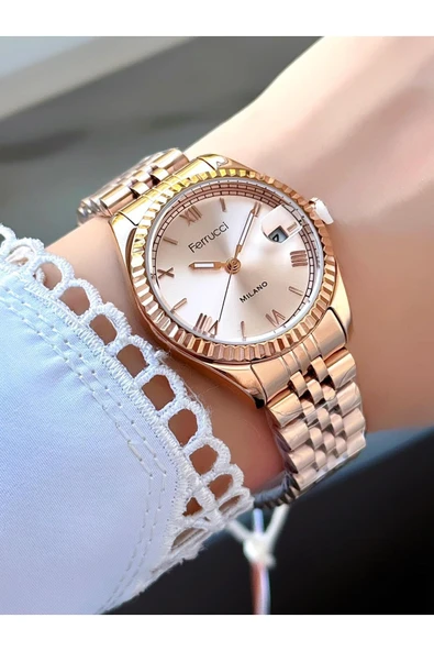 Rose Gold Beyaz Kadran Metal Kordon Kadın Kol Saati  Altın ürün görseli 1