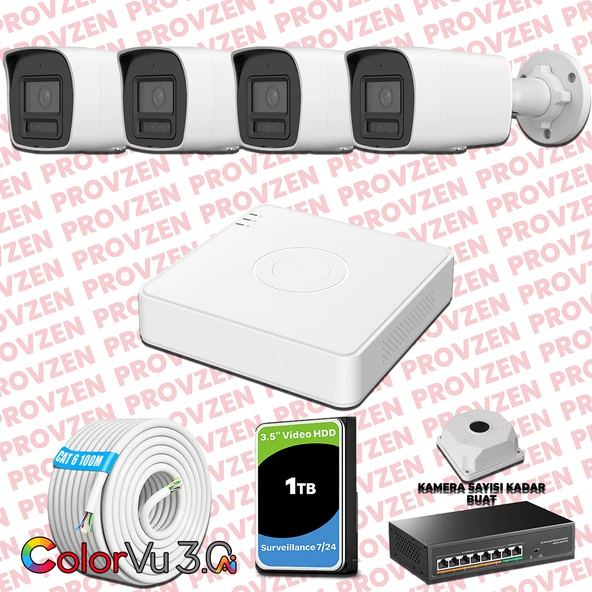 Provzen Hikvision 4 Kameralı 4MP IP ColorVu 3.0 Güvenlik Sistemi AI İnsan Araç Algılama Mikrofon ve Işıklı Alarm ürün görseli 1
