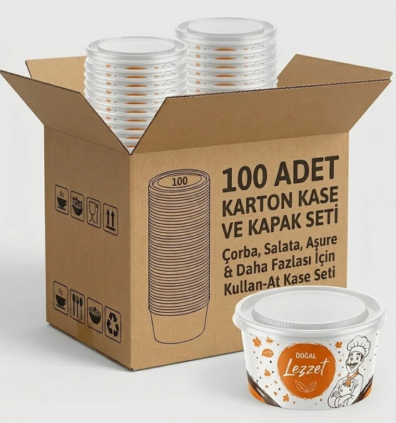 100 Adet Kapaklı Karton Kase Çorba Salata Aşure Yemek Kasesi Piknik Tabağı 14 Oz Karton Kase Isıya Dayanıklı Parti Organizasyon Kasesi ürün görseli 1