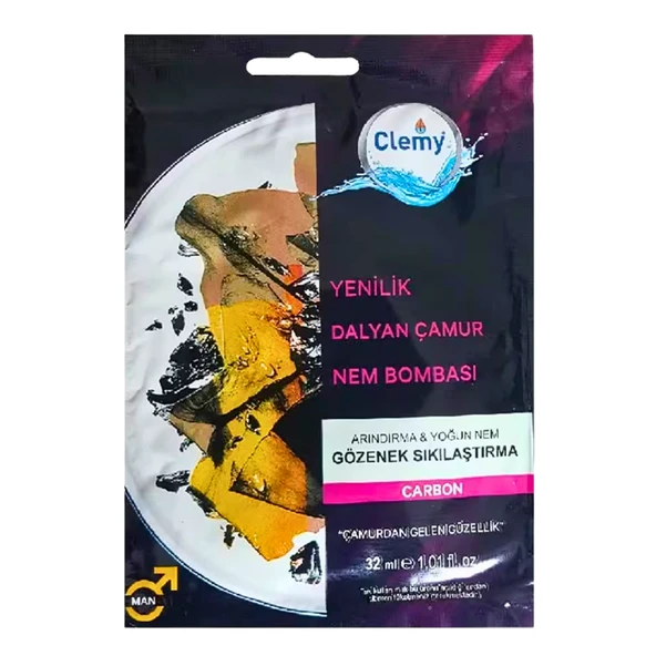 Clemy Dalyan Çamur Nem Bombası Gözenek Sıkılaştırma Arındırma ve Yoğun Nem Carbon Maskesi Tek Kullanımlık For Man 32 Ml ürün görseli 1