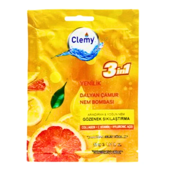 Clemy Dalyan Çamur Nem Bombası Gözenek Sıkılaştırma Arındırma ve Yoğun Nem 3 in 1 Collagen, C Vitamin, Hyluronic Acid Maskesi Tek Kullanımlık 32 Ml ürün görseli 1