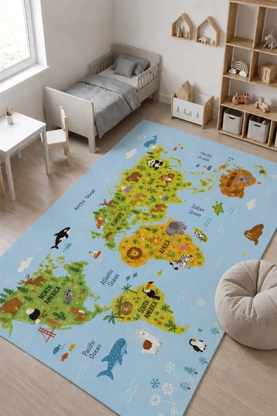 SonicTouch Çocuk Oyun Halısı ingilizce Eğitici Dünya Haritası ve Hayvanlar 70x120cm isme Kişiye Özel ürün görseli 1