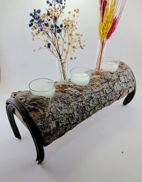 Woodile At Nallı Doğal Meşe Kütük Mumluk ve Tüplü Kuru Çiçeklik Hediyelik Set ürün görseli 1