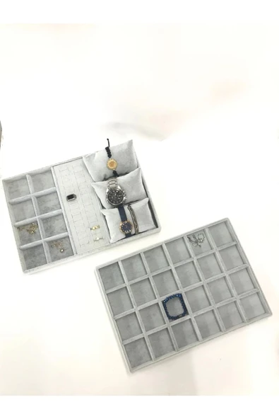 İkili Takım Süet Kumaş Gri Renk 34/24 cm Çekmece Ici Takı Standı ürün görseli 1