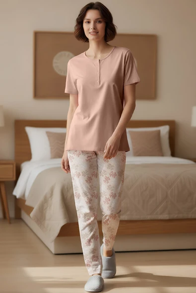 Kadın Somon Pamuk Kısa Kollu Pijama Takımı ürün görseli 1
