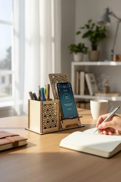 Kalemlik ve Telefon Standı – Geometrik Desenli – Doğal Ahşap (Açık Meşe) ürün görseli 1