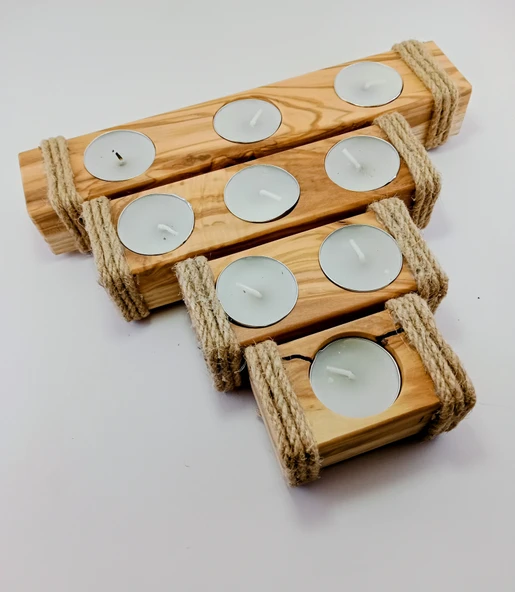 Woodile Zeytin Kökü ve Dişbudak Ağacı 4lü Mumluk Seti Jüt Hasır Halatlı Şamdan ürün görseli 1