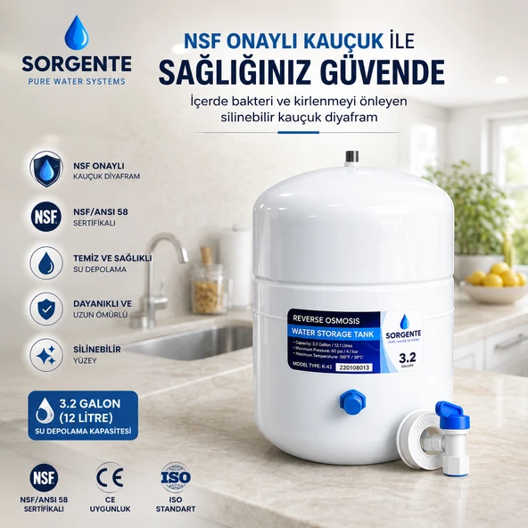 Sorgente 3.2 Galon (12 Litre) NSF Onaylı Su Arıtma Basınç Tankı Reverse Osmosis Su Depolama Tankı ürün görseli 1