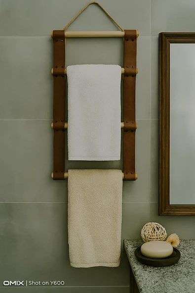 Woodile Hakiki Deri ve Masif Çam Ağacı Duvar Havluluğu Paslanmaz Askılı Banyo Aksesuarı ürün görseli 1