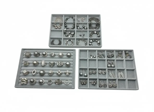Bern Model Süet Kumaş Gri Renk 34/24cm 3 Lü TakımTakı Sergileme Standı ürün görseli 1