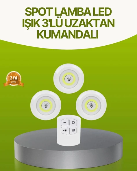 Uzaktan Kumandalı 3 Lü Kablosuz Led Spot Lamba Seti Yapışkanlı Pratik Kullanım ürün görseli 1