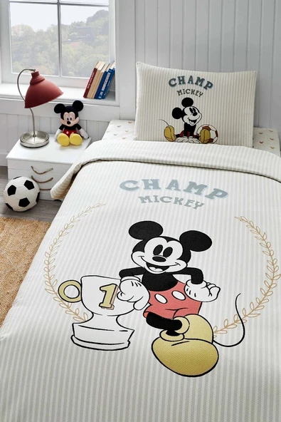 Özdilek Lisanslı Lastikli Çarşaflı Tek Kişilik Çocuk Pike Takımı-Mickey Mouse Champ Krem ürün görseli 1