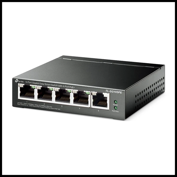 TP-LINK TL-SG105PE, 5 Port, GigaBit, 4 Port Poe, 65W, Easy Smart, Yönetilebilir, Metal Kasa, Masaüstü Switch ürün görseli 1