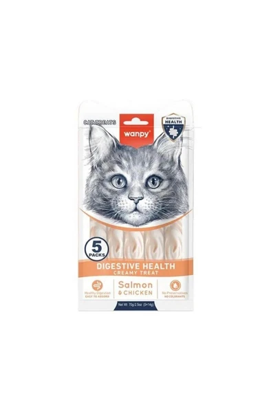 Wanpy Digestive Health Sindirim Sağlığı Somon Balığı ve Tavuklu Sıvı Ödül Maması 5x14 gr ürün görseli 1