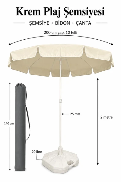 Şemsiye + Bidon + Çanta, Yaz Paketi - 2 Metre Çap ve 10 Telli Krem Renk Şemsiye ürün görseli 1