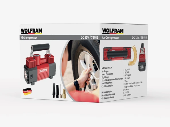 12V Çift Silindirli Metal Hava Kompresörü 150 PSI LED Aydınlatmalı - WOLFRAM 75515 ürün görseli 1