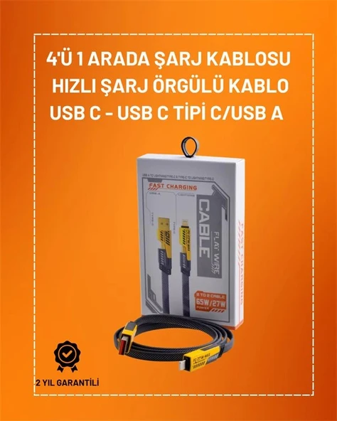 4'ü 1 Arada USB Hızlı Şarj ve Veri Kablosu – 65W Güç, Çoklu Bağlantı, 1.2m ürün görseli 1