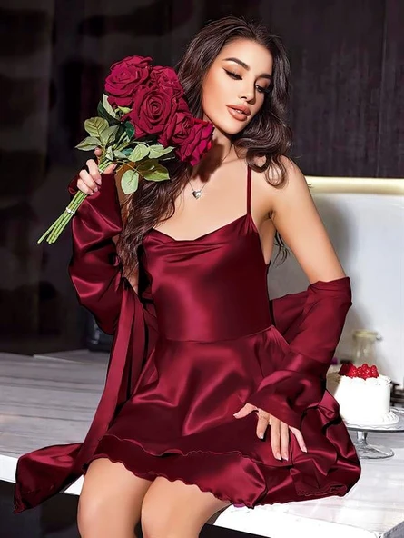 Arias Closet Özel Tasarım Sırt Dekolteli Sabahlıklı Saten Bordo 2'li Gecelik Takımı ürün görseli 1
