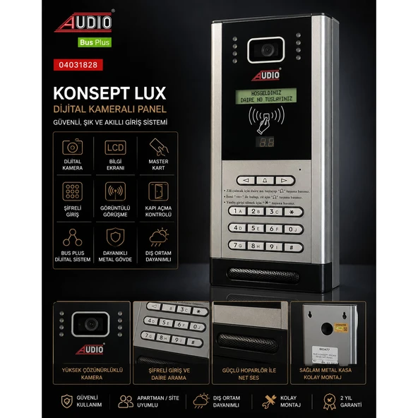 Audio Bus Plus Konsept Lux Proxy Dijital Kameralı Panel Master Kartlı Şifreli Apartman Diafon Dış Kapı Paneli (003477) ürün görseli 1