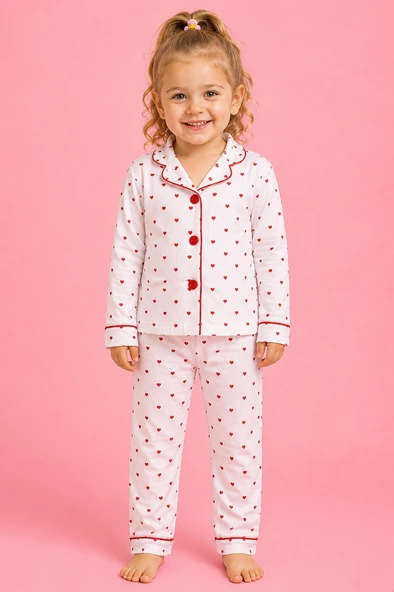 Kız Çocuk Beyaz Kırmızı Kalp Desenli Önden Düğmeli Pijama Takımı ürün görseli 1