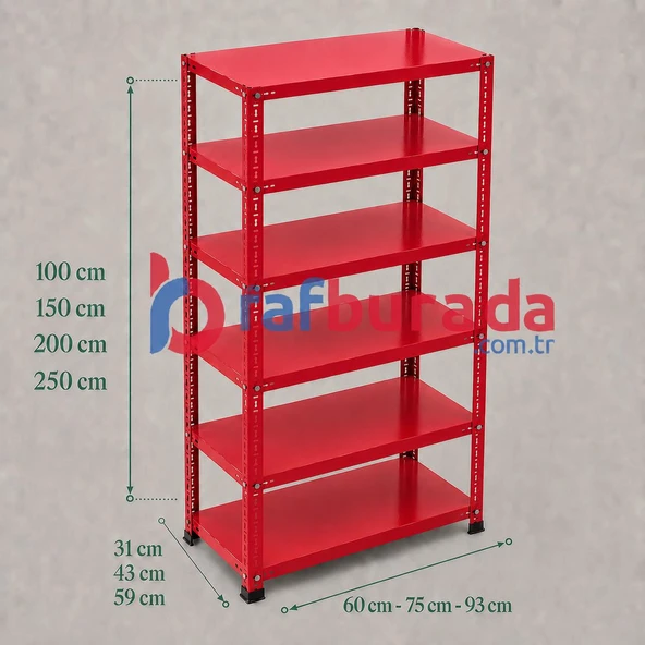 6 Katlı Renkli Dekoratif Çelik Raf - Çiçeklik Rafı, Ofis Rafı 0,70 mm  Kırmızı 31x93 cm 150 cm ürün görseli 1